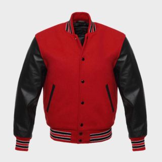 Rote Woll-Uni Letterman Bomber-Baseballjacke Schwarze Lederärmel